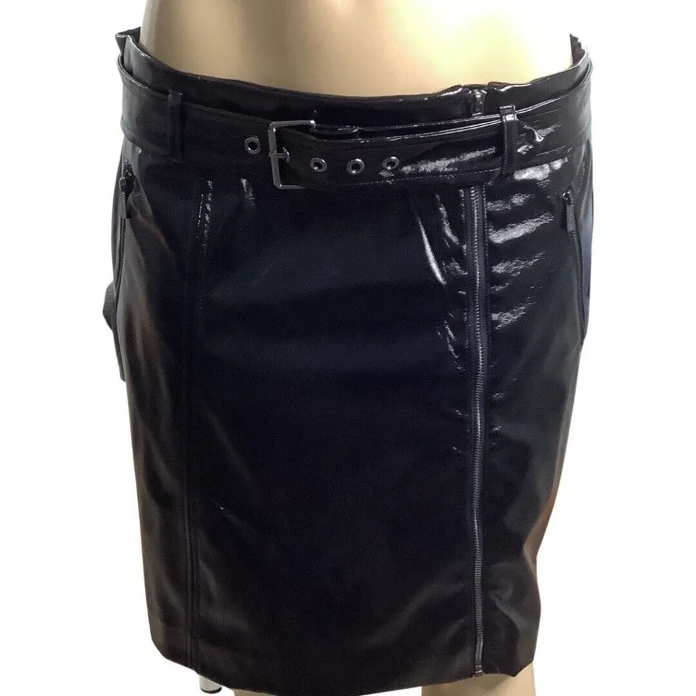 Karl Lagerfeld Black Faux Leather Belted Mini Skirt Black SZ-12 New With Tags - Image 3