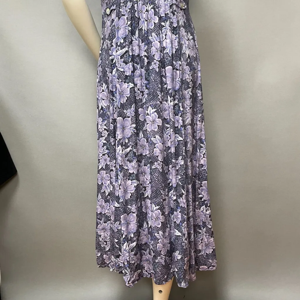 Vintage 90s Floral Dress Layered Look Snakeskin Print Shell Buttons Purple Rayon Size 10 - Image 6