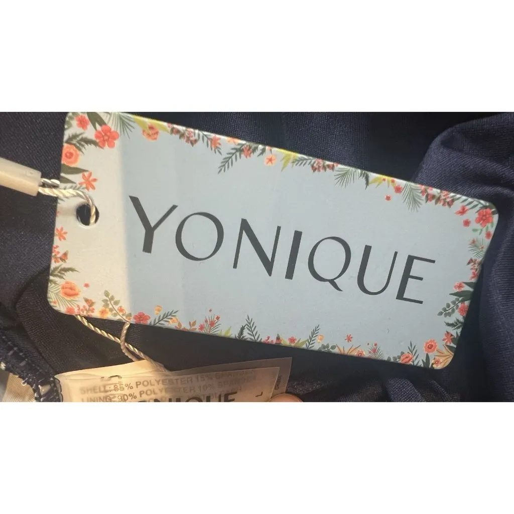 Yonique Ruched Detailing Removable Padded Long Swimsuit Large Skirt Blue Leaves - Image 5