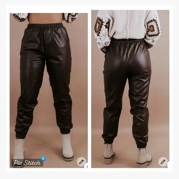 Mittoshop  Faux Leather Joggers Brown - Image 2