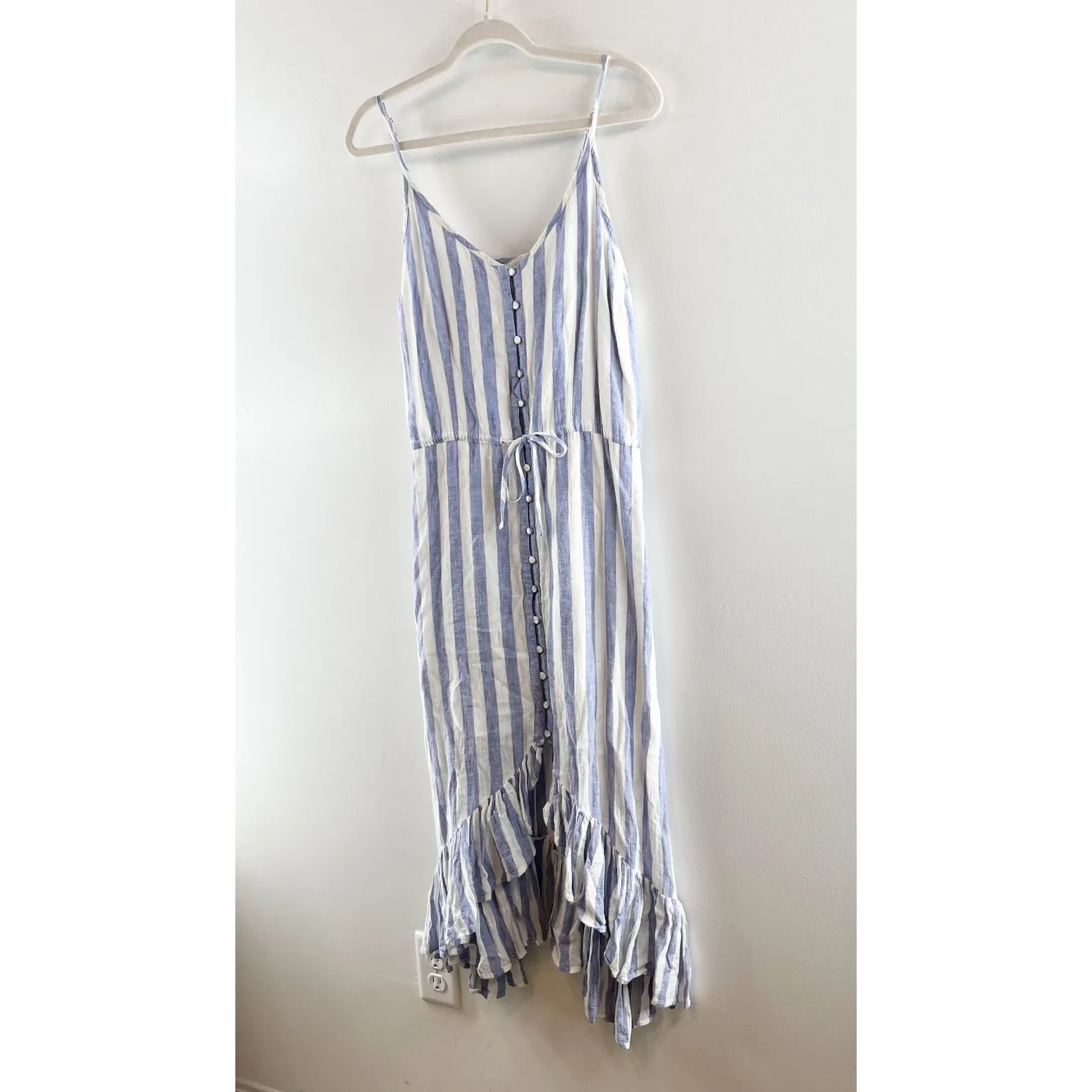 Rails Frida Ciel Striped Linen Ruffle Hem Midi Dress Blue White Medium - Image 9