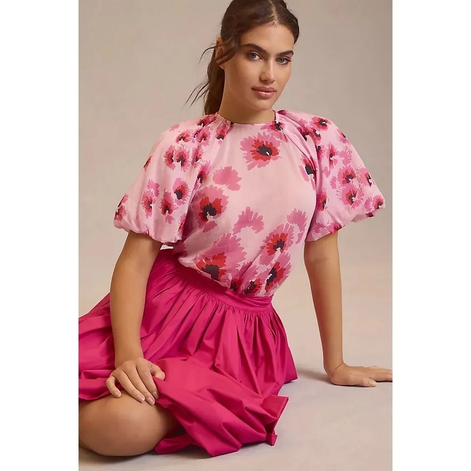 Banjanan Anthropologie Santos Floral Blouse Sz S‎ Puff Sleeve Cotton Pink Casual - Image 2