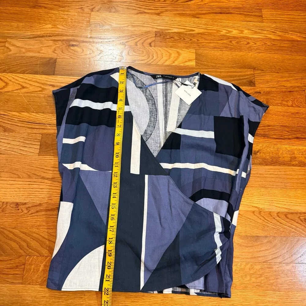 Zara Women’s Medium Blue Geometric Linen V-neck Top Work Wear Corporatecore Wrap - Image 5