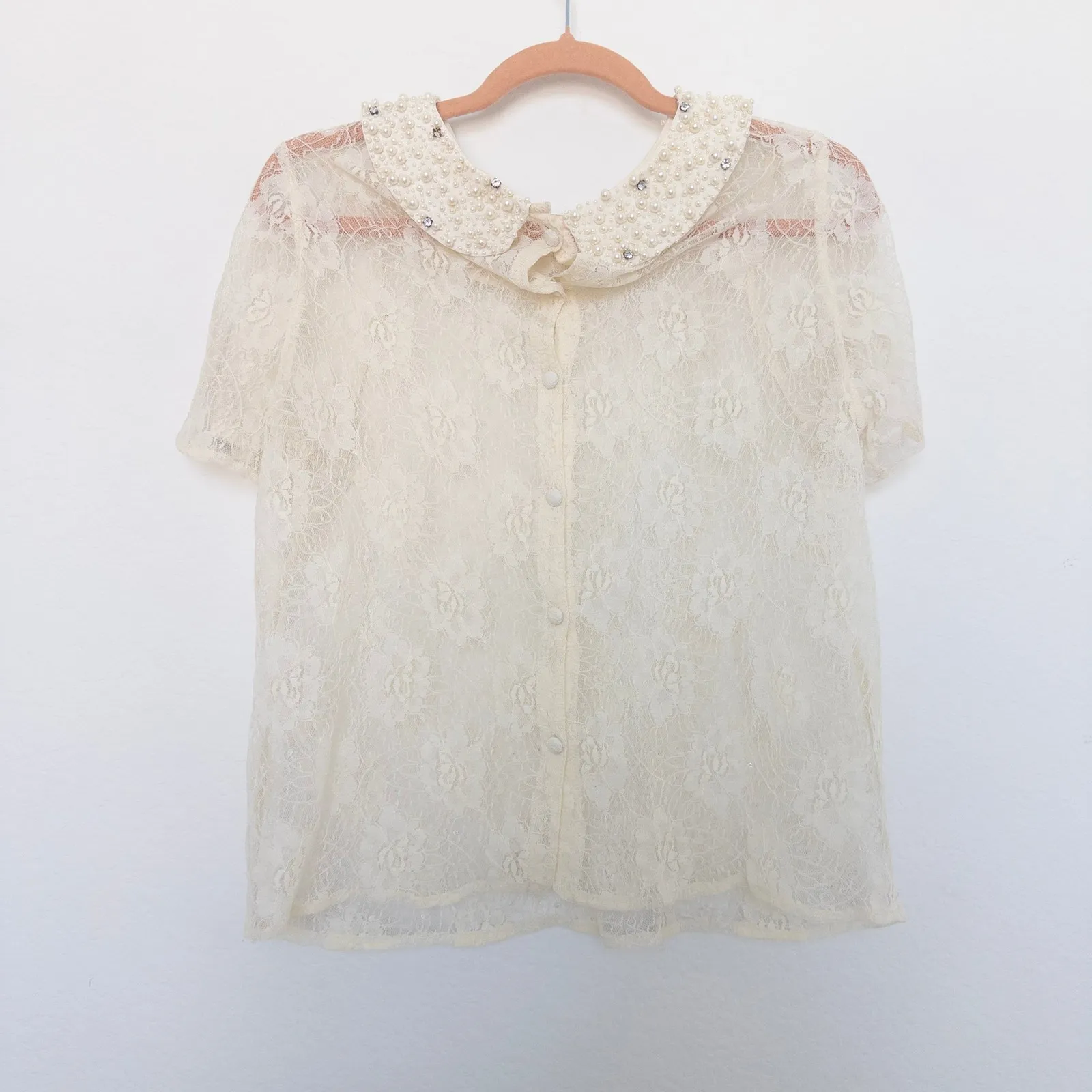 River Island Womens Top Size S Ivory Lace Sheer Pearl‎ Collar Coquette Blouse - Image 7