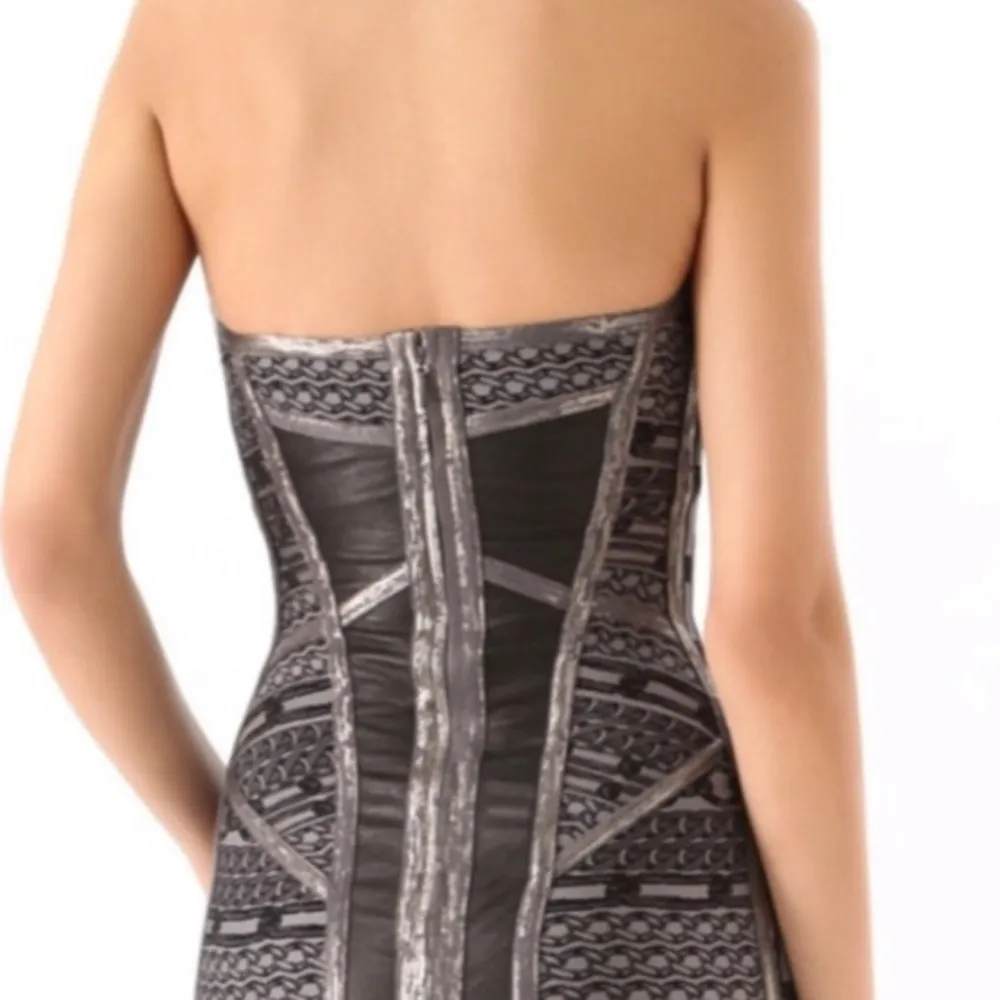 HERVE LEGER Strapless Gunmetal Chain Dress XS leather stretch - Image 5