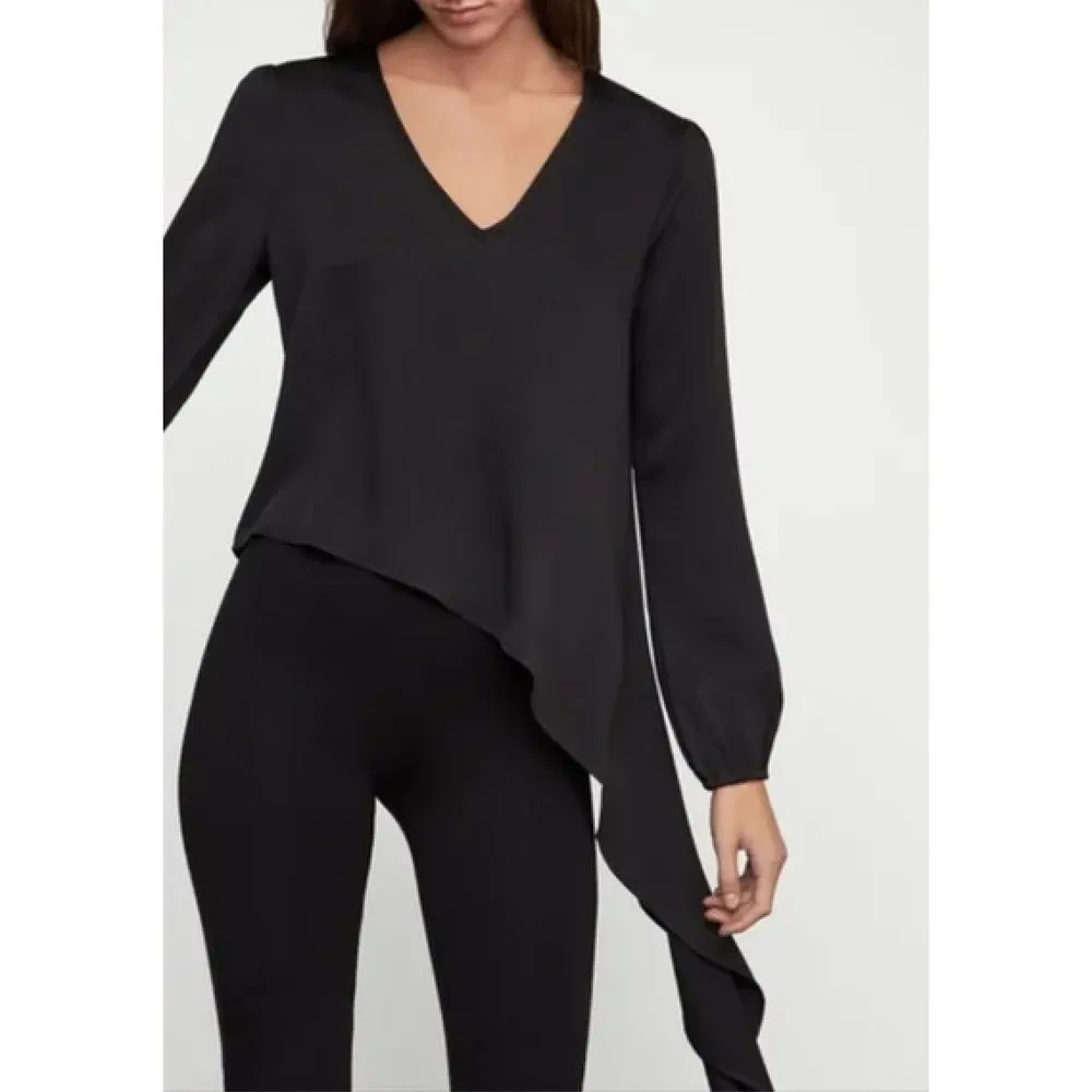 BCBGMAXAZRIA V-Neck Asymmetric Hem Side-Tie Long Sleeve‎ Blouse in Black, XS - Image 7