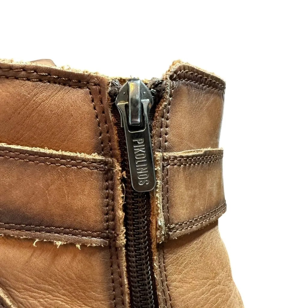 Pikolinos Leather Ankle Boots Cognac Brown Block Heel Zip Strap Detail Size 39 Tan - Image 7