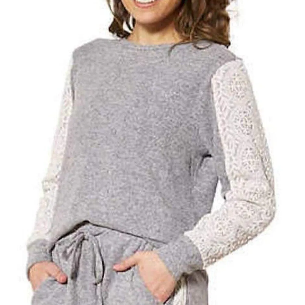 FN BY FLORA NIKROOZ Pajama / Lounge Lace Stripe Gray Cream Crewneck Sweatshirt M - Image 4