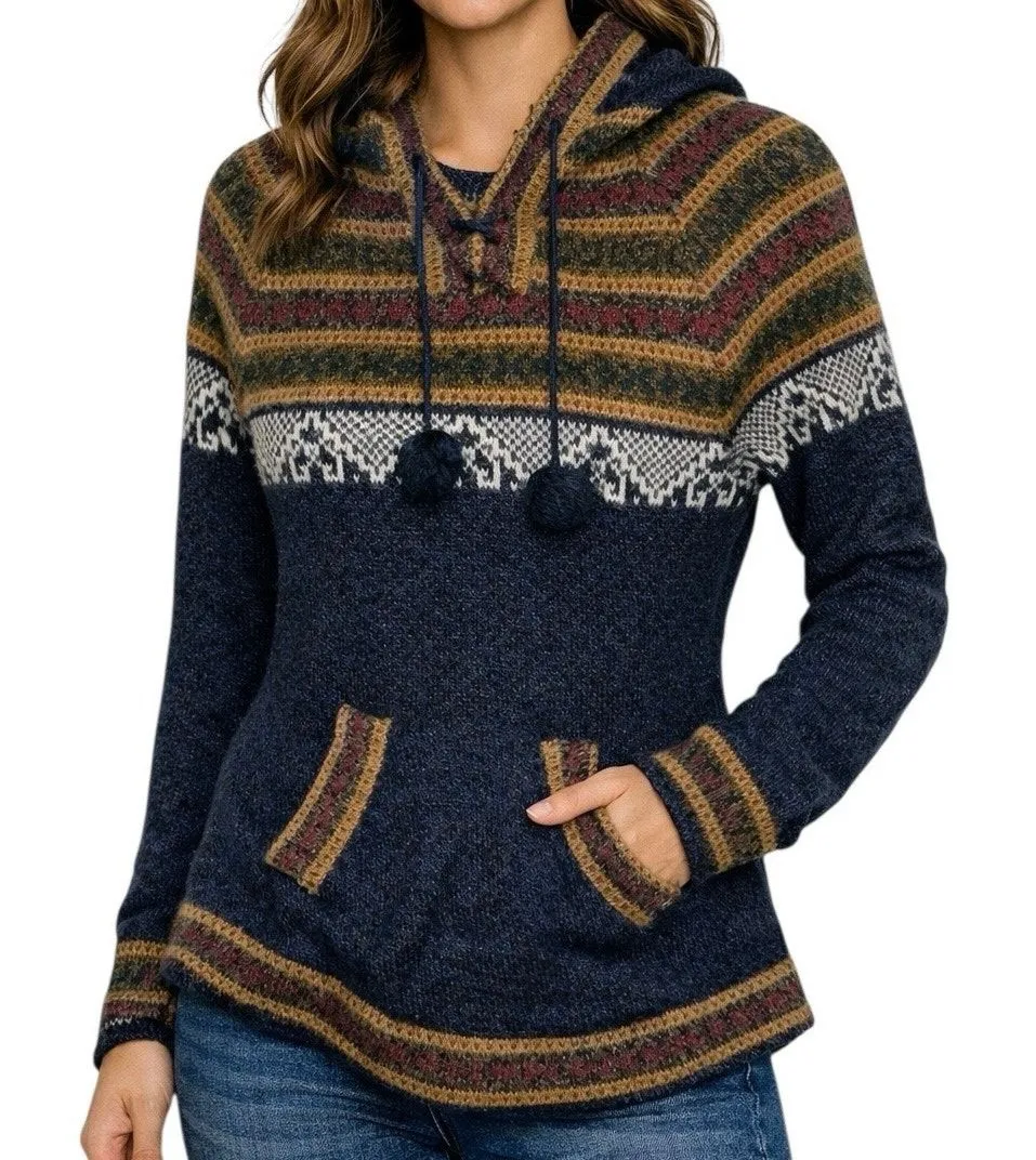 Alpaca Boho Fair Isle Hooded Sweater Pullover w/ Pockets Cozy Festival Style Blue - Image 1