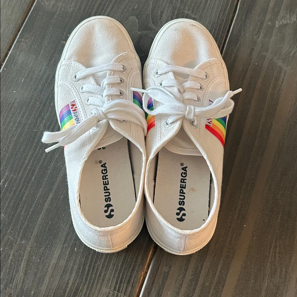 Superga White Canvas Sneakers with Rainbow Detail size 6 GUC - Image 6
