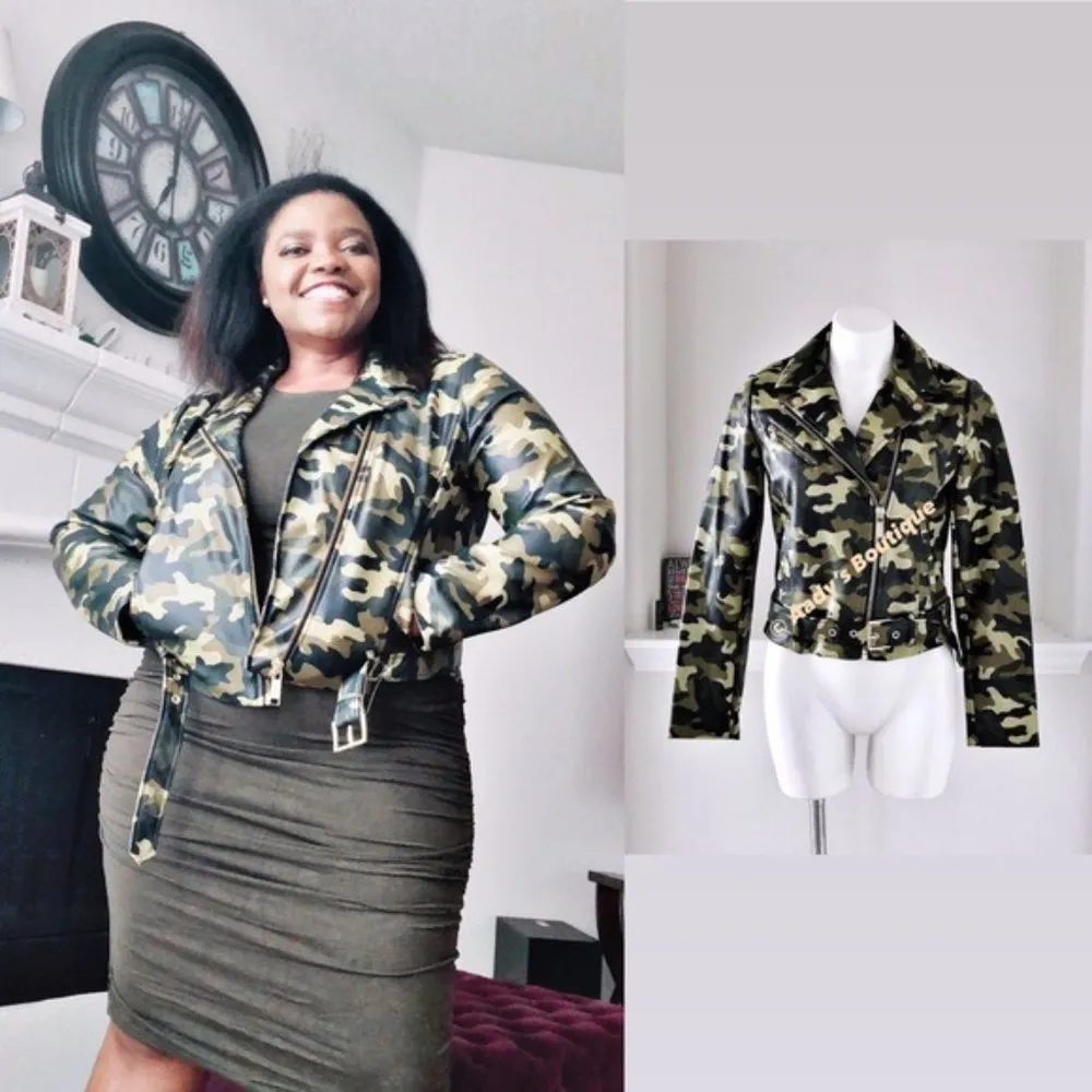 Michael Kors Camo Jacket Faux Leather Bomber Smoky Olive Size S New with Tag - Image 9