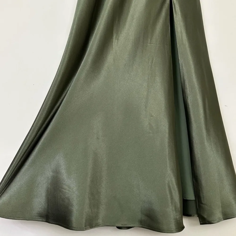 Lisa Long Dress - Shiny Satin Olive Green Size XS - Image 4