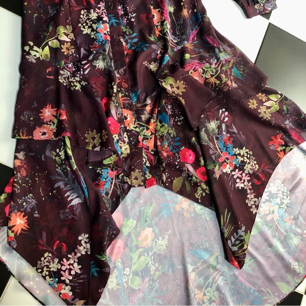 Parker Estella Midi Shirt Dress Floral Print Long Sleeve High Low Colorful sz 10 - Image 8