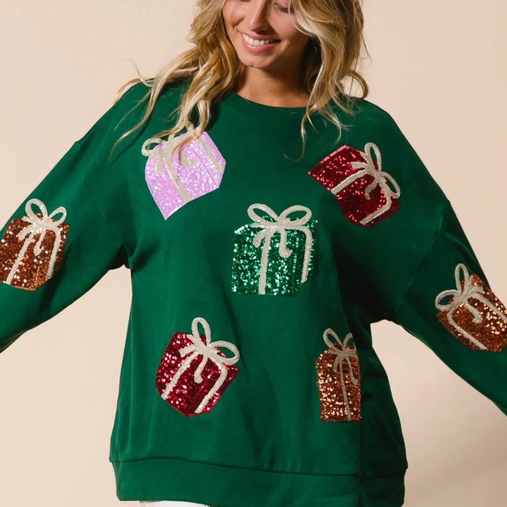 BiBi‎ Sequin Christmas Gift Box Embroideries Pullover Green - Image 10