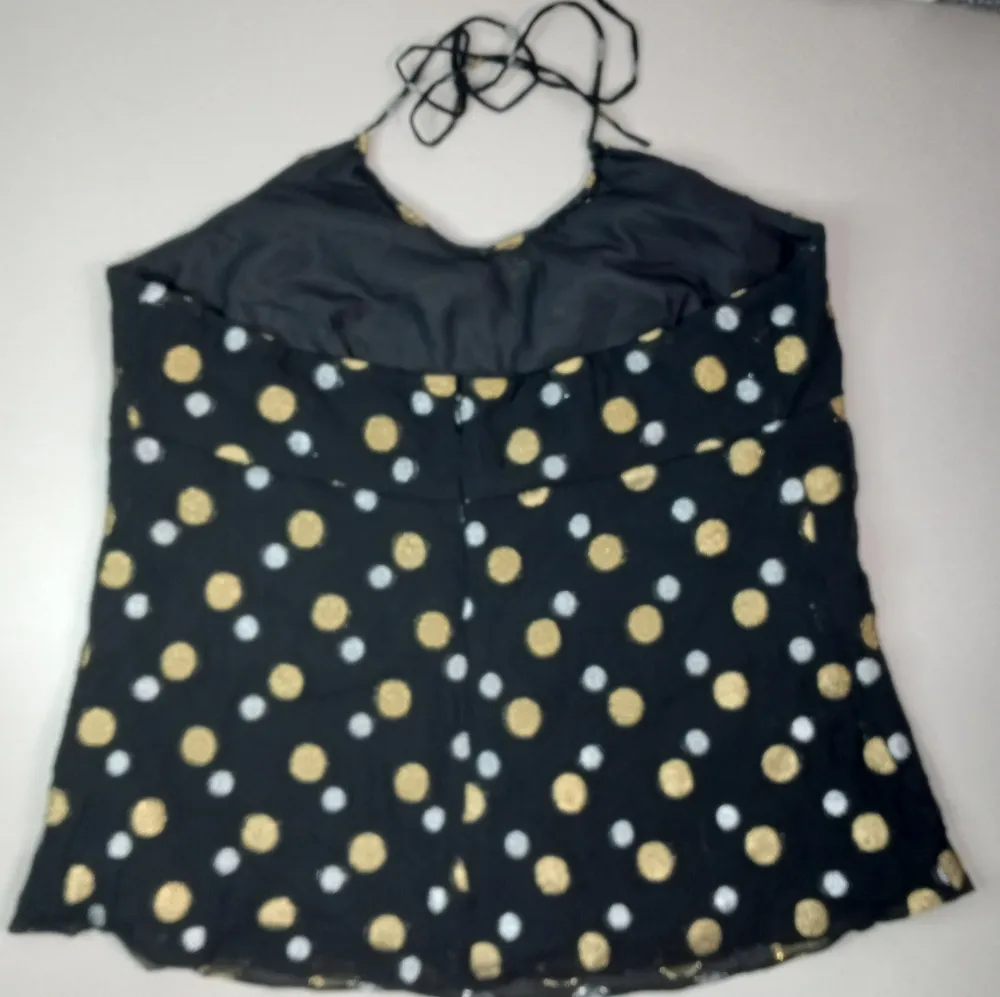 Express Design Studio L Silk Babydoll Polka Dot Halter Top Silver in Gold Black - Image 3
