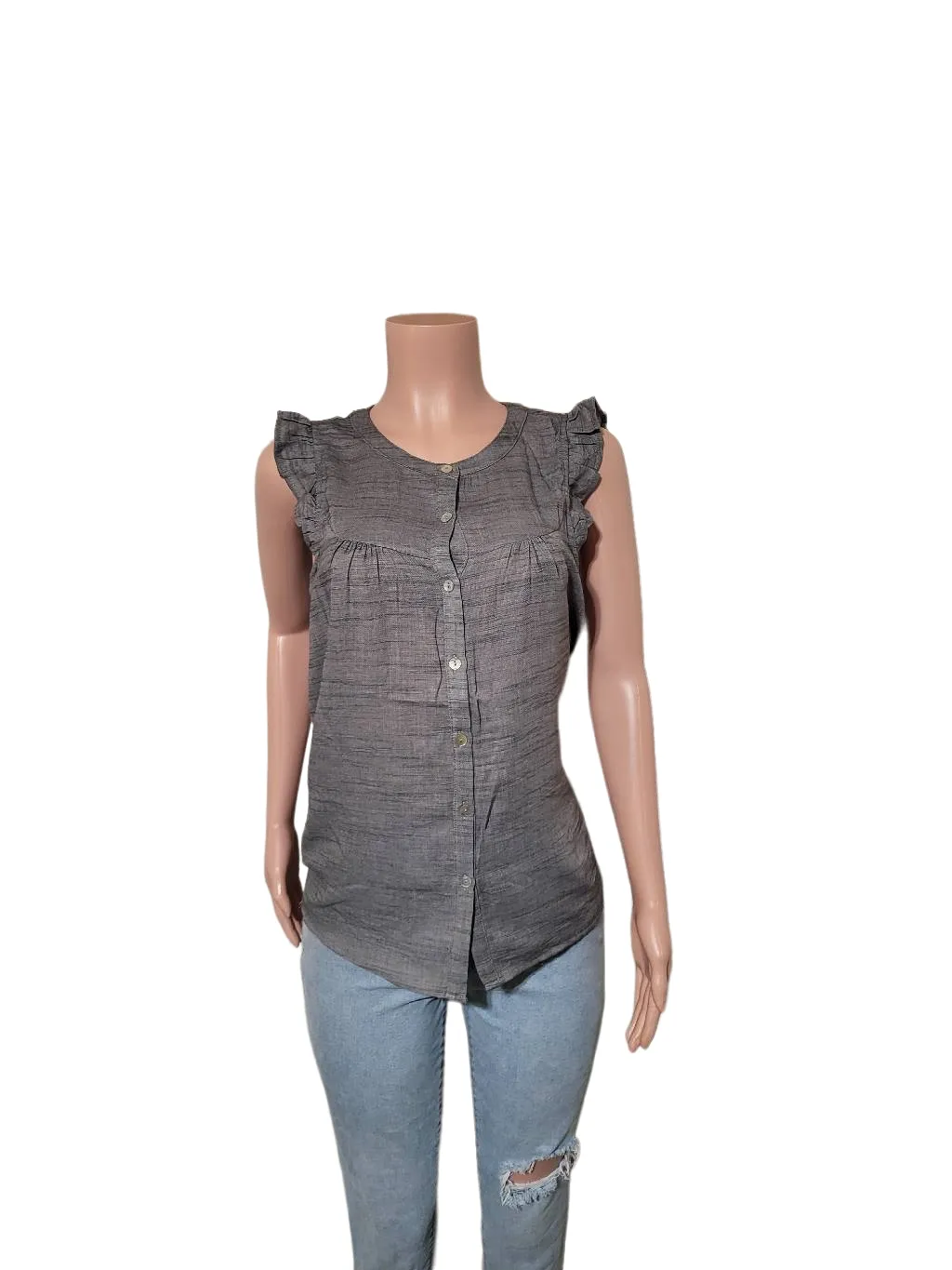 Doe&Rae women's button-up sleeveless ruffle shoulders charcoal tunic top S, M,L - Image 2