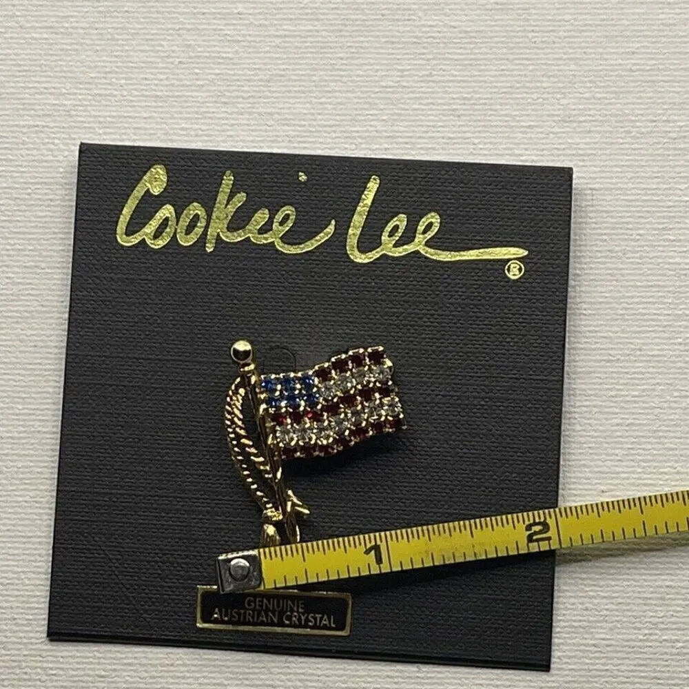 Vintage USA American Flag Rhinestone Red Blue Gold Tone Pin Brooch Cookie Lee - Image 6