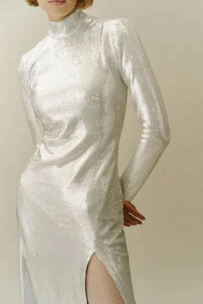 💕REFORMATION💕 Talicia Sequin Mock Neck Maxi Dress ~ Silver Sparkle 6 NWT - Image 7