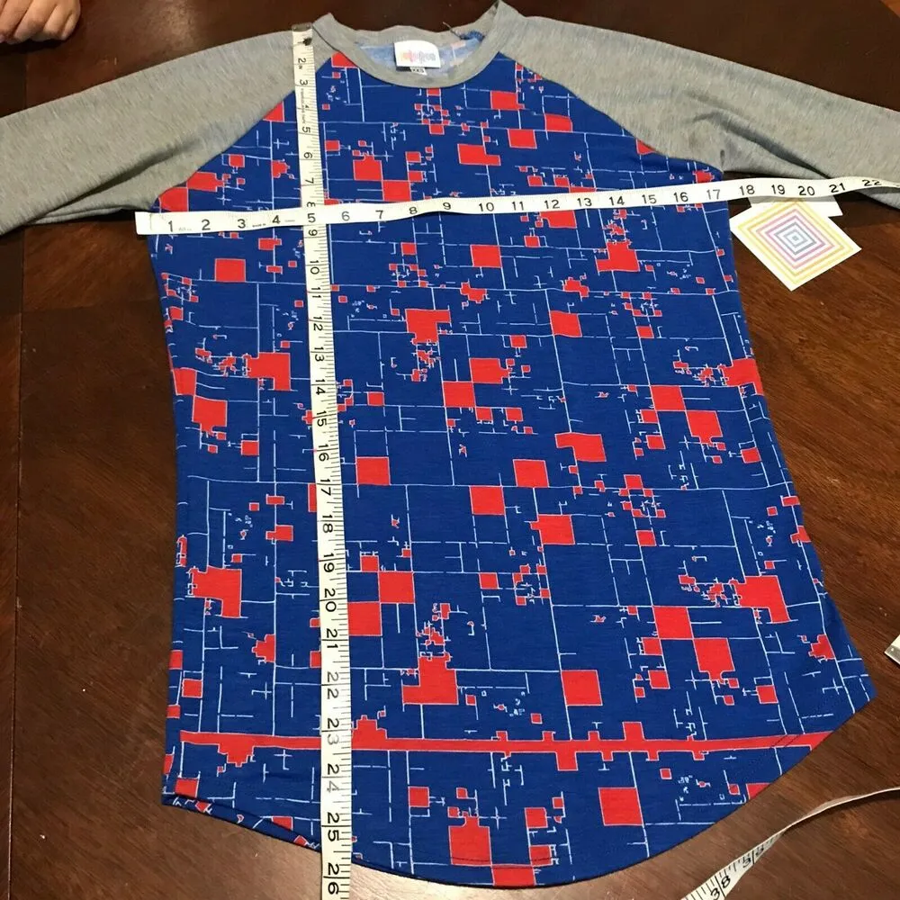 LuLaRoe Womens Top Sz XXS Randy Baseball Tee Gray Blue Red Digital Pixelated NEW - Image 4