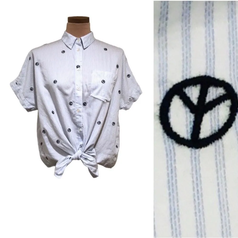 Madewell blue/white striped peace sign print tie front button up sz XS - Image 2