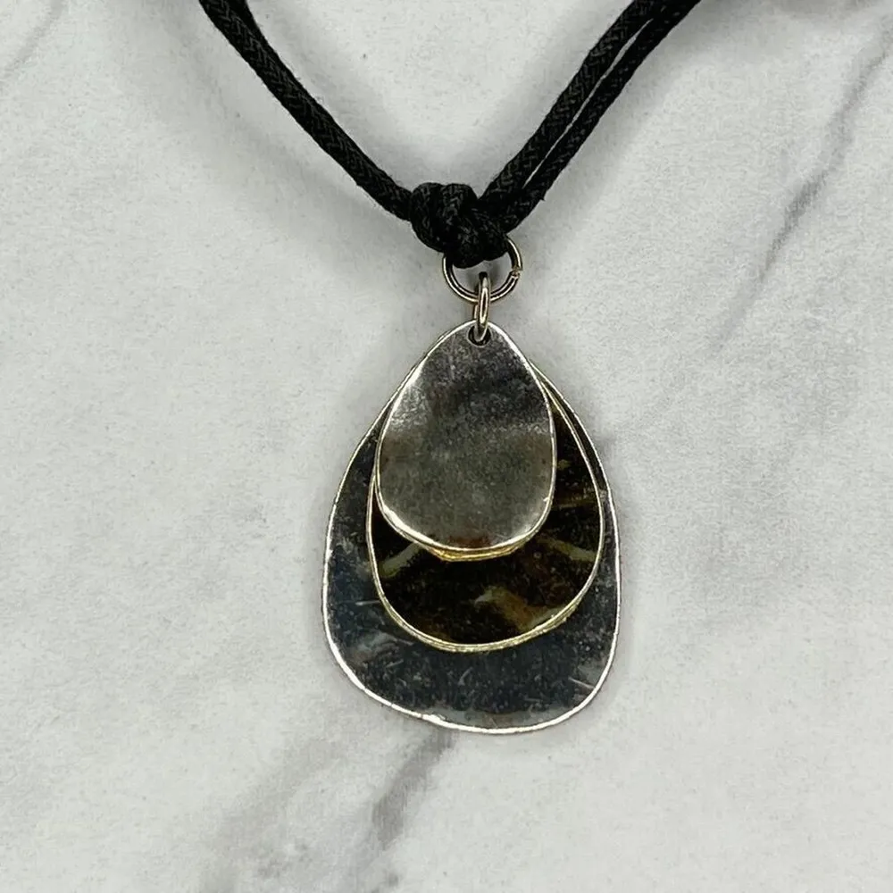Chico's Black Double Cord Hammered Metal Silver and Gold Tone Pendant Necklace - Image 7