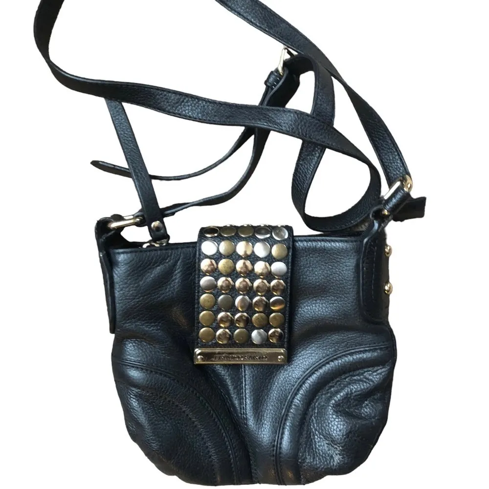 Franco Sarto Black Leather Crossbody Bag Metal Detail Snap Close 3 Compartments - Image 7