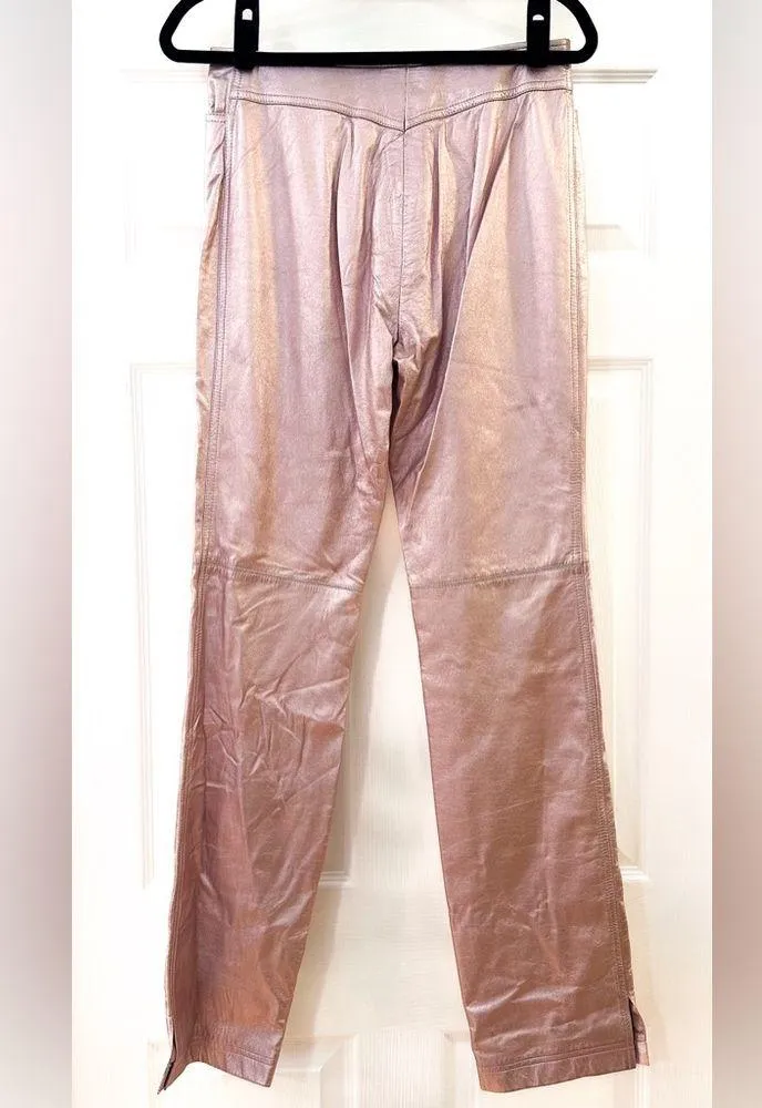 NWT Escada Vintage Leather Lambskin Pants Metallic Pastel Pink EU sz 36 US sz XS - Image 3
