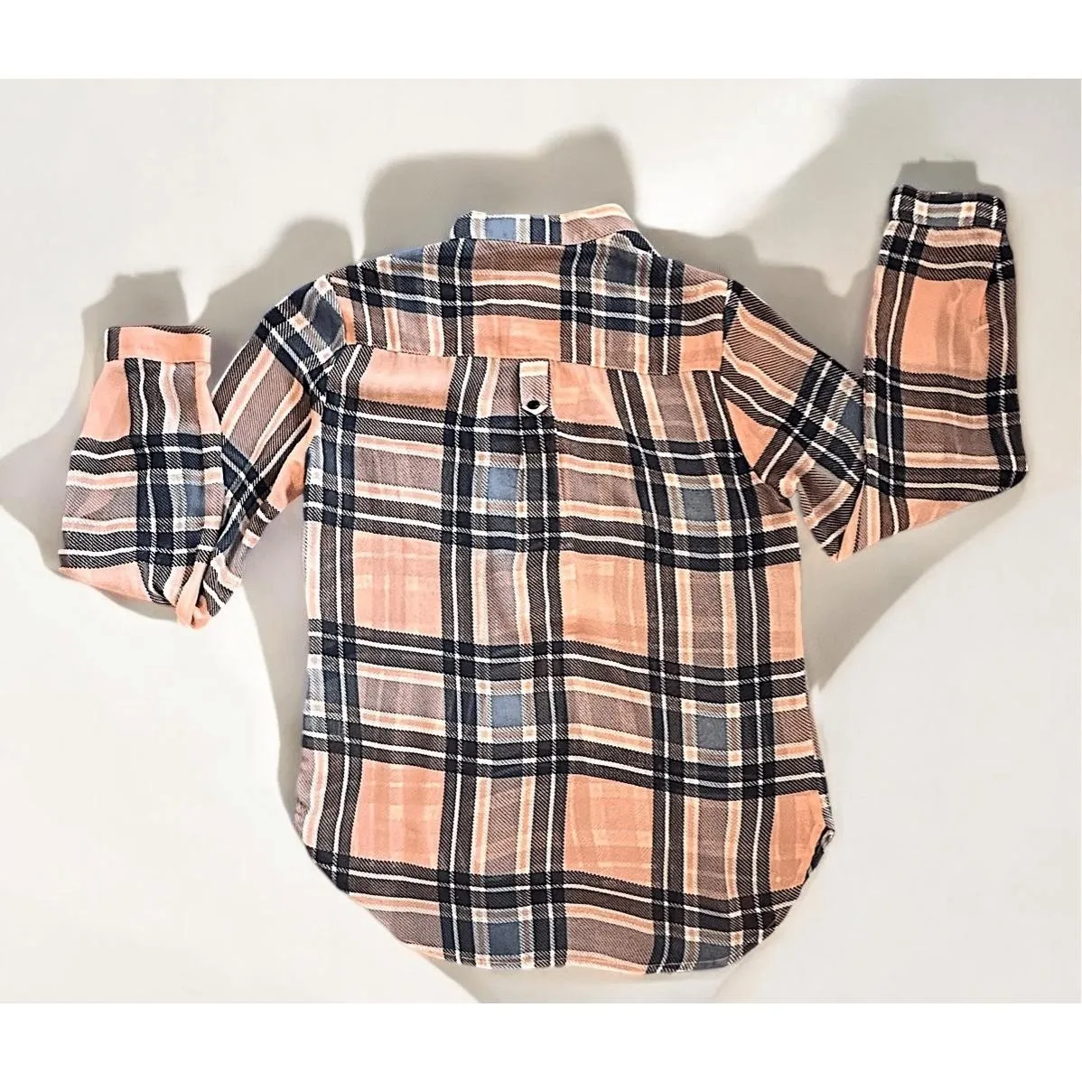 Fun2Fun Womens Salmon Blue Plaid Casual Roll Up Boyfriend Shirt Sheer Relaxed - Image 4