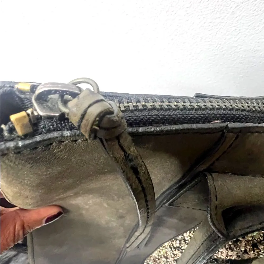 Large Allsaints Co LTD Leather tote Bag Olive with Sequin Panel 2 handles zip - Image 8