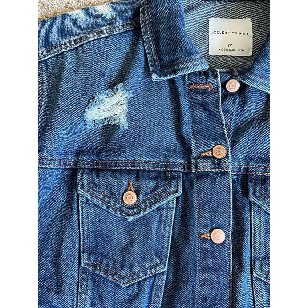 Celebrity Pink Distressed Boyfriend Jean Jacket Size XS Oversized - Image 5