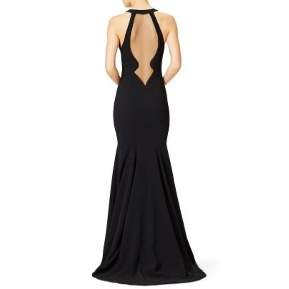 THEIA Women's Black Matte Mesh Cut Out Back Fitted Gown Maxi Dress Size 4 - Image 6