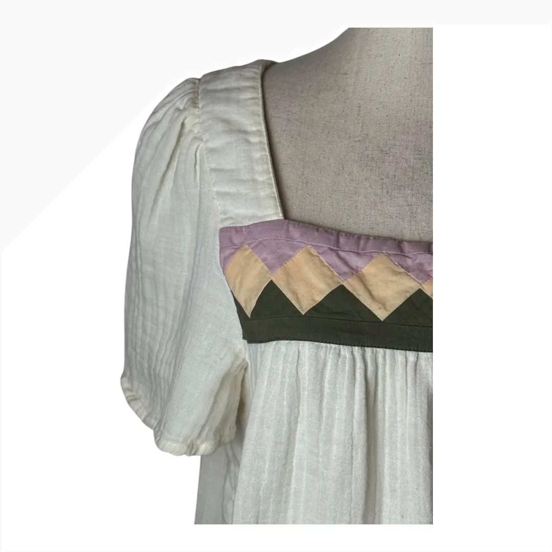 Madewell Shirt Women Medium‎ Ivory Patchwork Square Neck Flutter Sleeve Top - Image 5