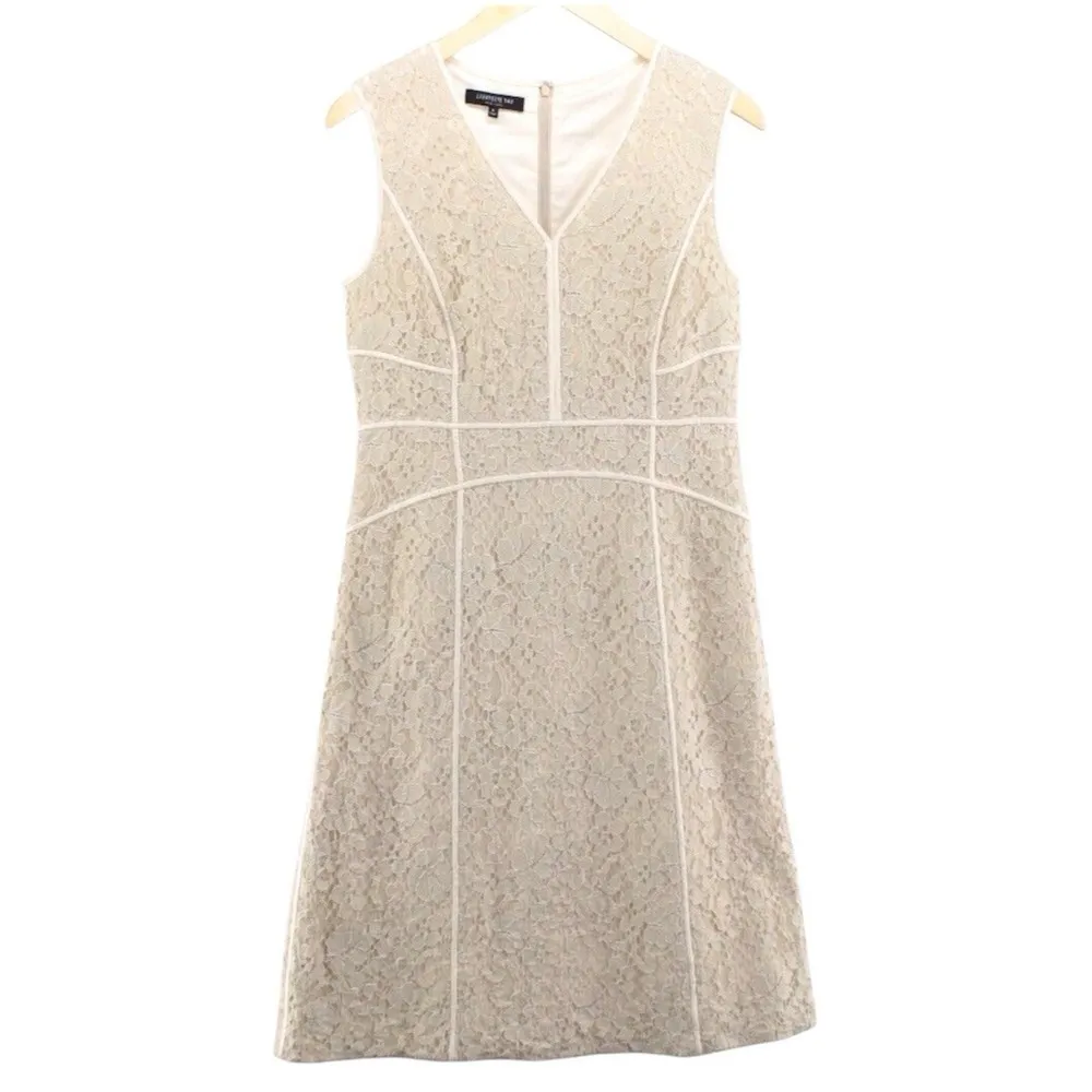 Lafayette 148 New York Women's Sleeveless V Neck Lace Overlay Dress 6 Bone Cream Tan - Image 8