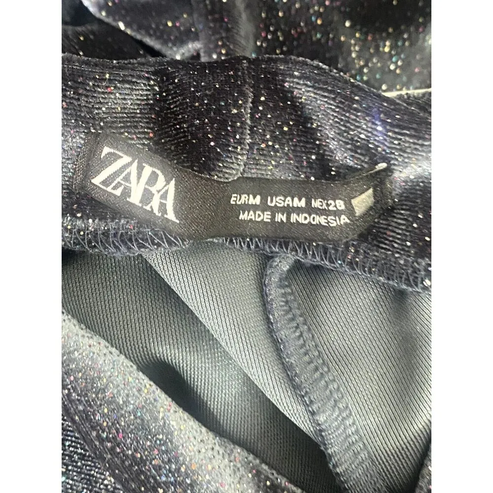 ZARA Velvet Glitter Ruched Longsleeve Mock Neck Bodysuit Snap Crotch M Navy Blue - Image 6