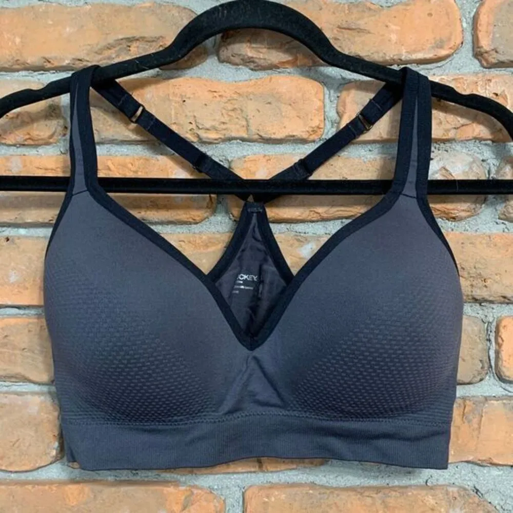 Jockey Sports Bra Size Large Gray Black Medium Impact Molded Cup Wireless Racer‎ - Image 2