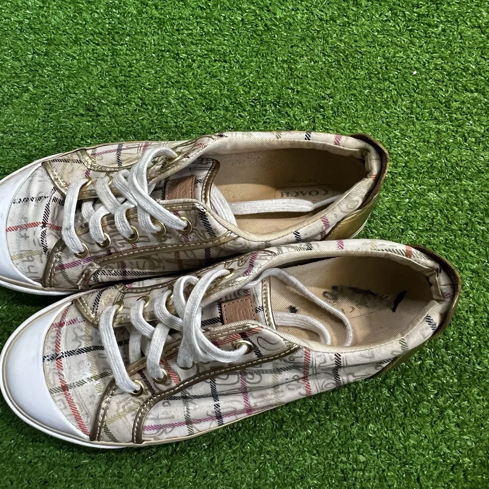Coach Shoes 9‎ B BARRETT Gold Plaid Casual Designer Sneakers Trendy Chic zz GUC - Image 2