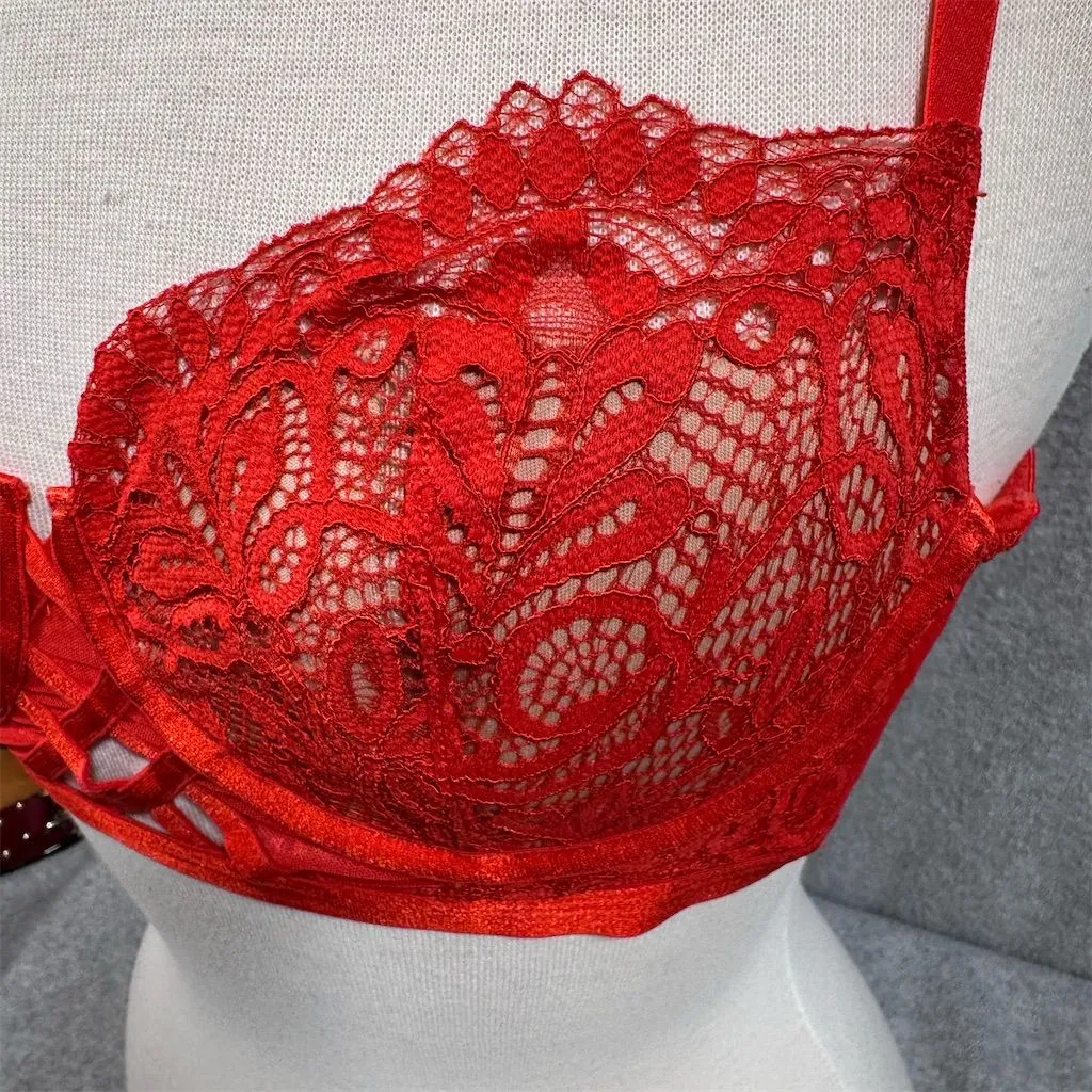 Adore Me Diara Balconette Bra 34C Red Lace Underwire Adjustable Straps - Image 3