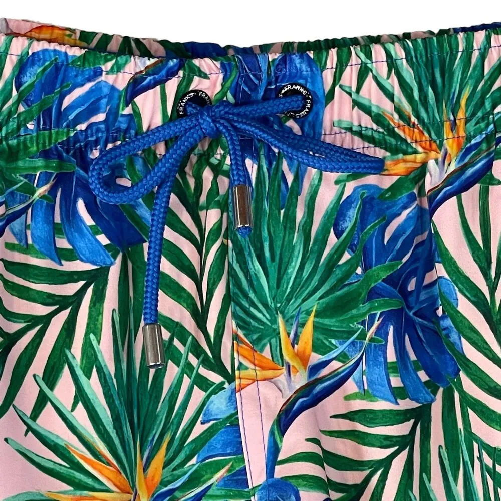 Franks Swim Large Board Shorts Quick Dry Palm Leaf Pockets Elastic Waist Multi Blue - Image 3