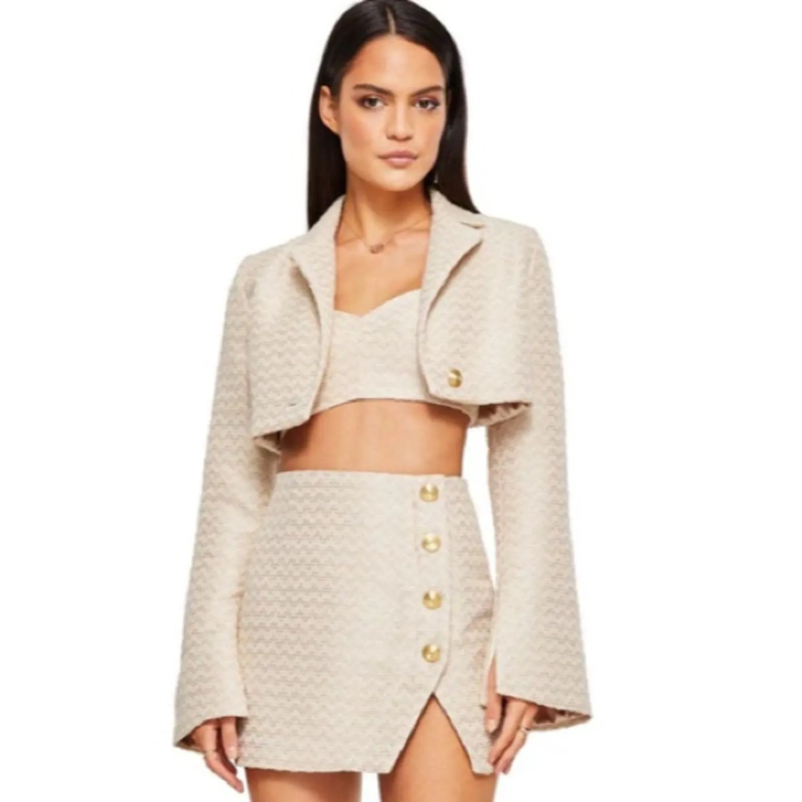 NOOKIE Queen Cropped Tweed Jacket in Nude Size Large NWT - Image 2