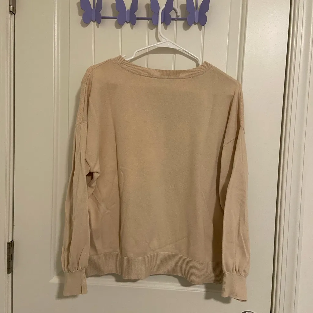 LOFT women’s tan pink Weekend thin knit crewneck long sleeve‎ sweater large - Image 6