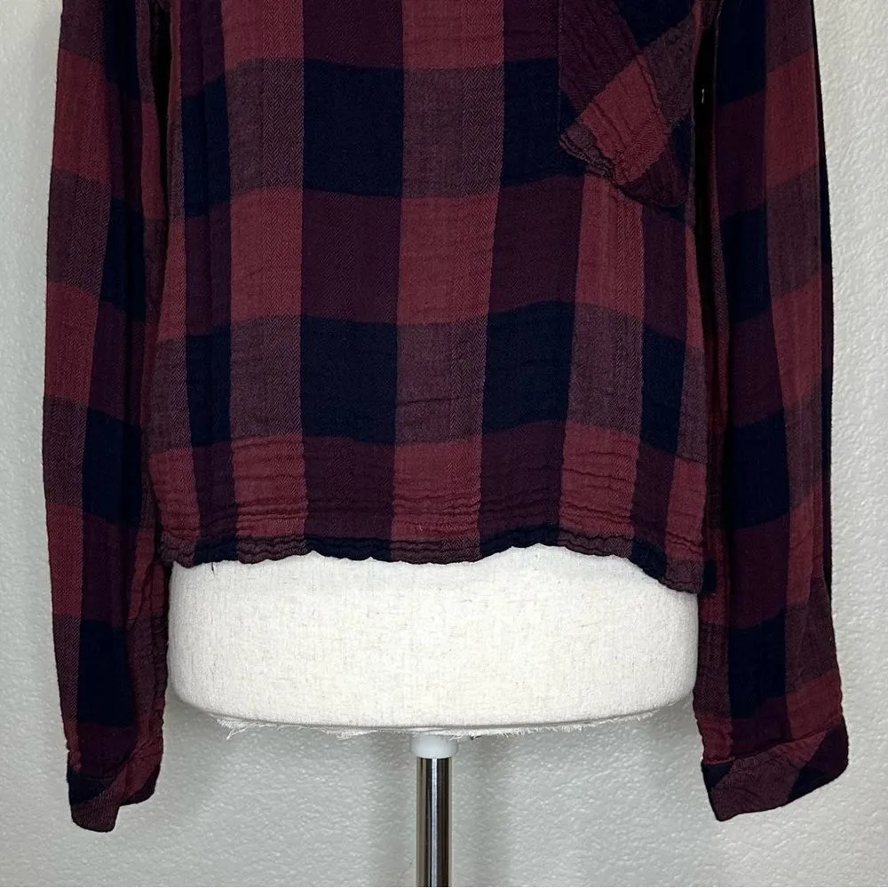 Anthropologie Cloth & Stone Gauze Plaid Lace Back Blouse Top, Sz Small - Image 4