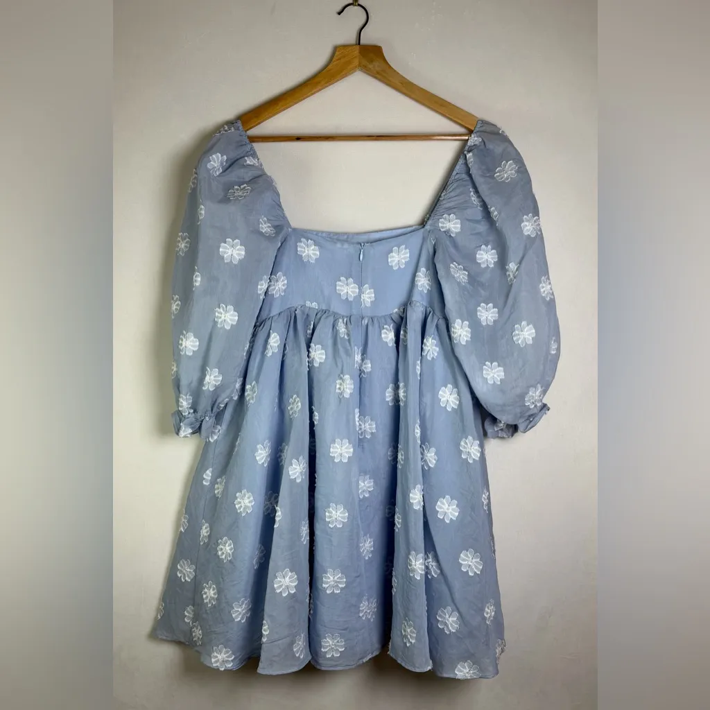 STORIA Women’s Blue Floral Puff Sleeve Mini Dress Cottagecore Coquette  Sz S - Image 10