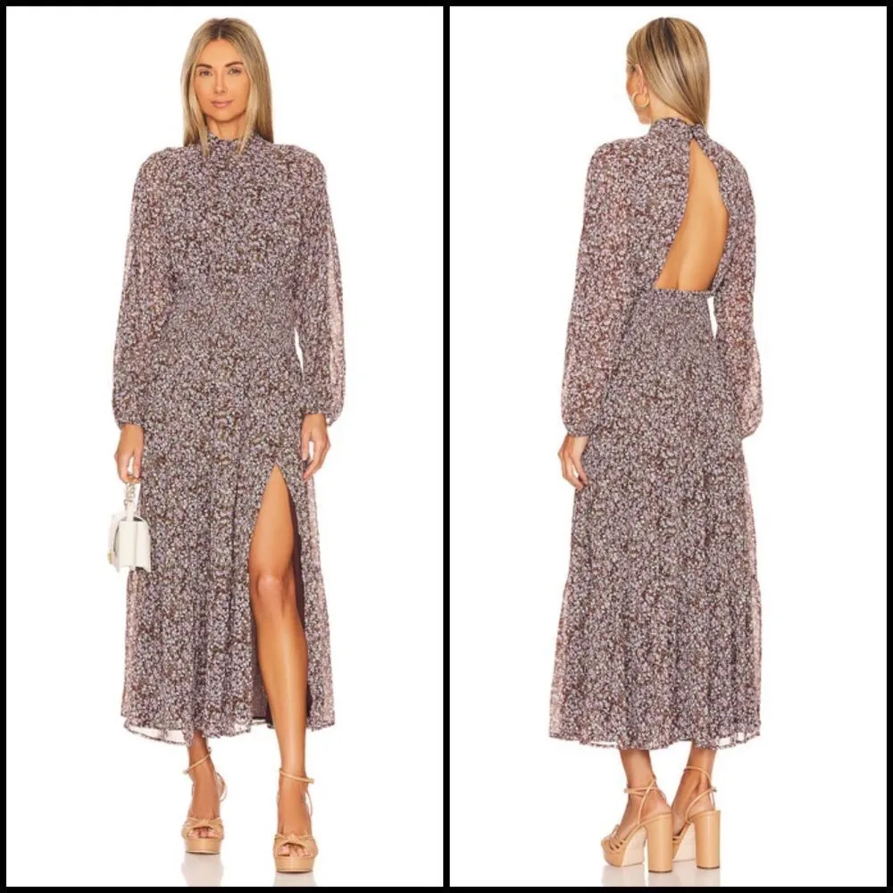 💕ASTR💕 Mock Neck Smocked Waist Maxi Dress ~ Brown & Purple Ditsy Floral M NWT - Image 6