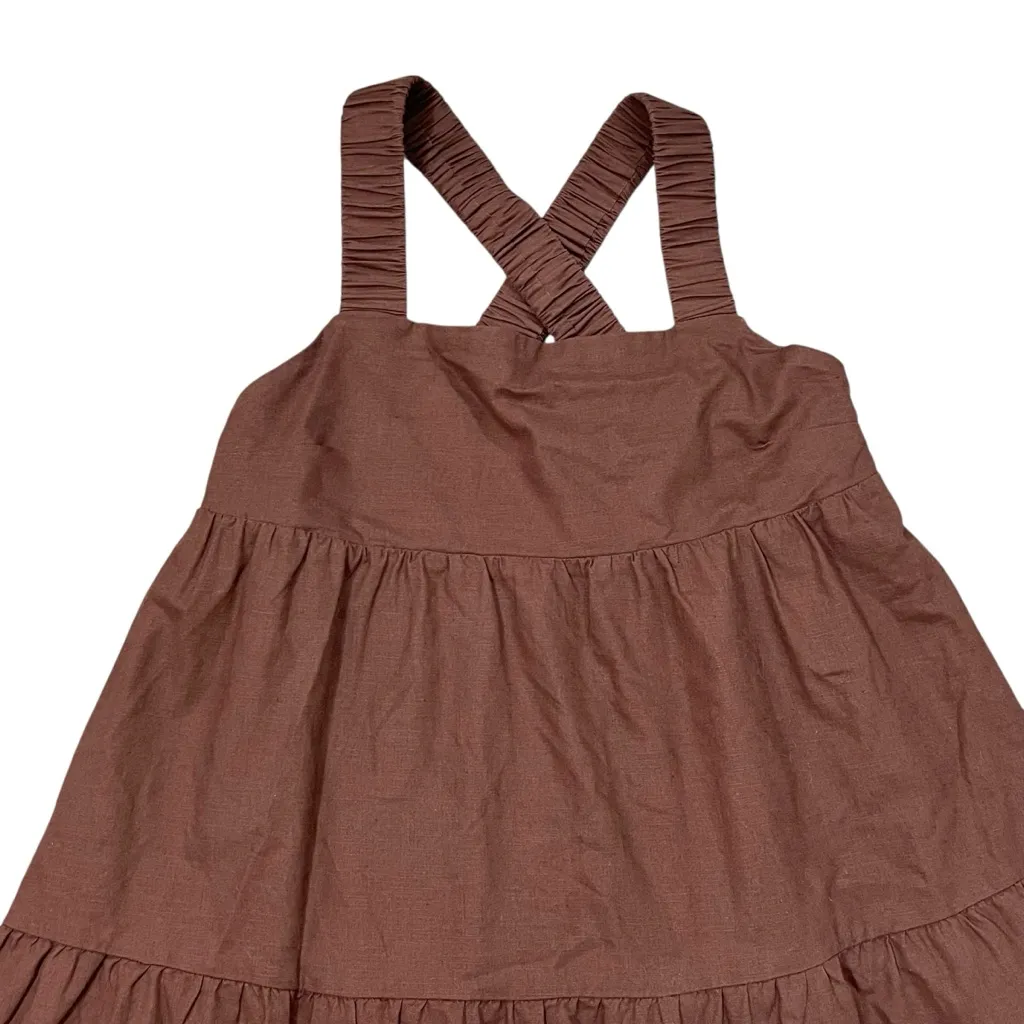 Bohme Tiered Midi Dress Size MEDIUM Linen Blend Dark Brown Sleeveless Crisscross - Image 4