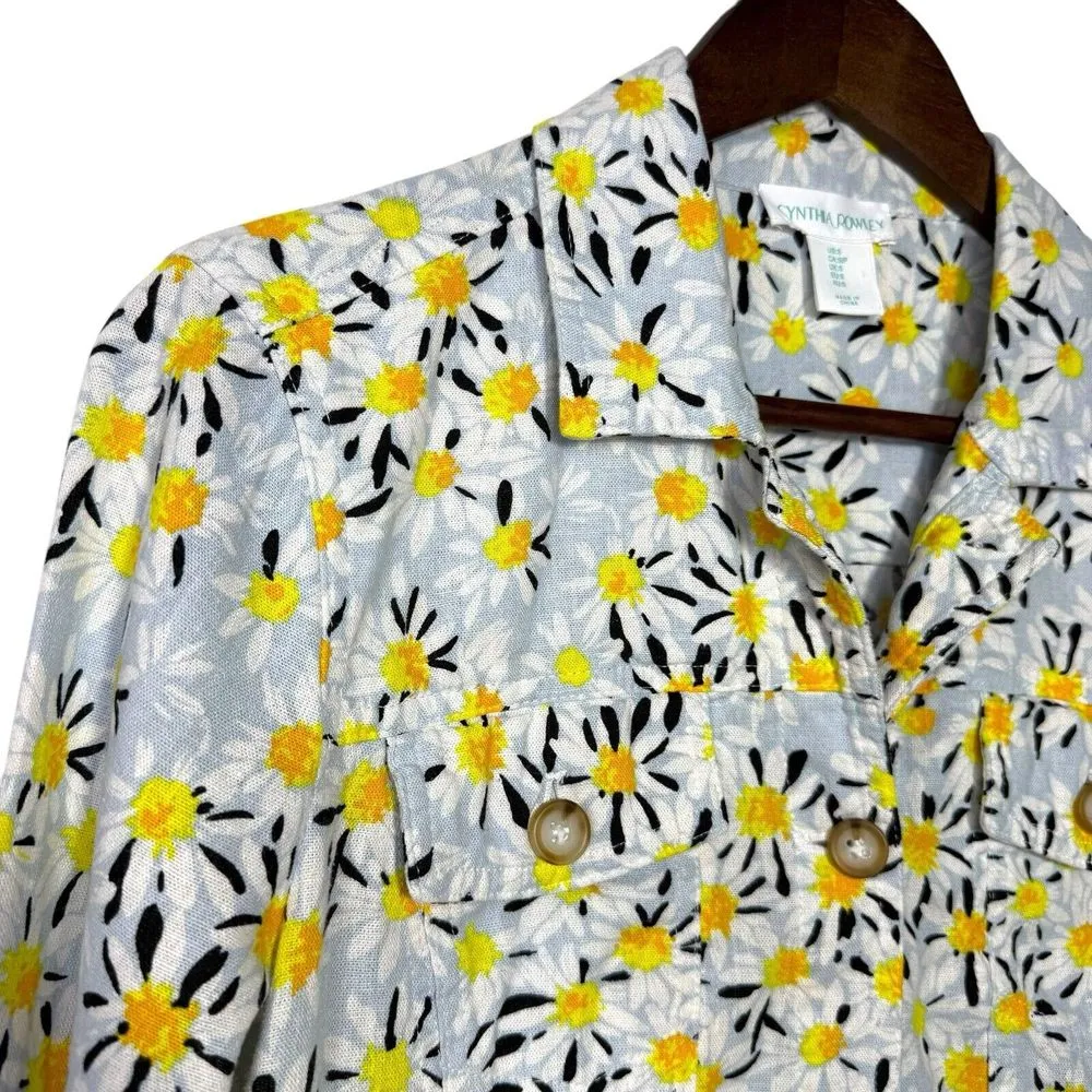 Cynthia Rowley Linen Jacket S Daisy Print Powder Blue‎ Lightweight Pockets $198 - Image 3