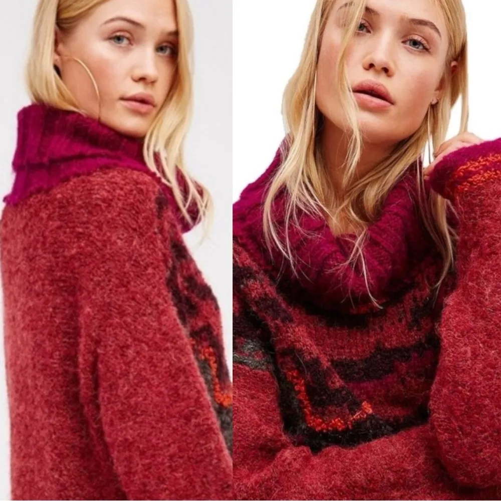 Free People Oversized Chunky Knit Tiger Eye Turtleneck Medium Wool Alpaca Mohair - Image 3