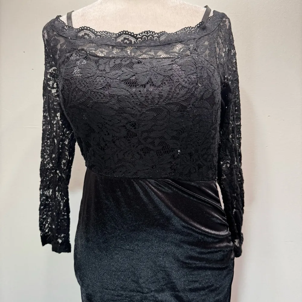 Black Full Length Maxi Dress Lace Top Off Shoulder Whimsigoth Formal Dark Fairy Size L - Image 3