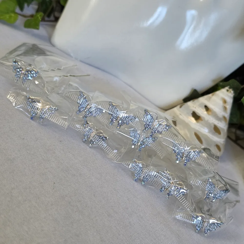 Set of 12 Silver Blue Rhinestone Butterfly Hair Pins - Image 3