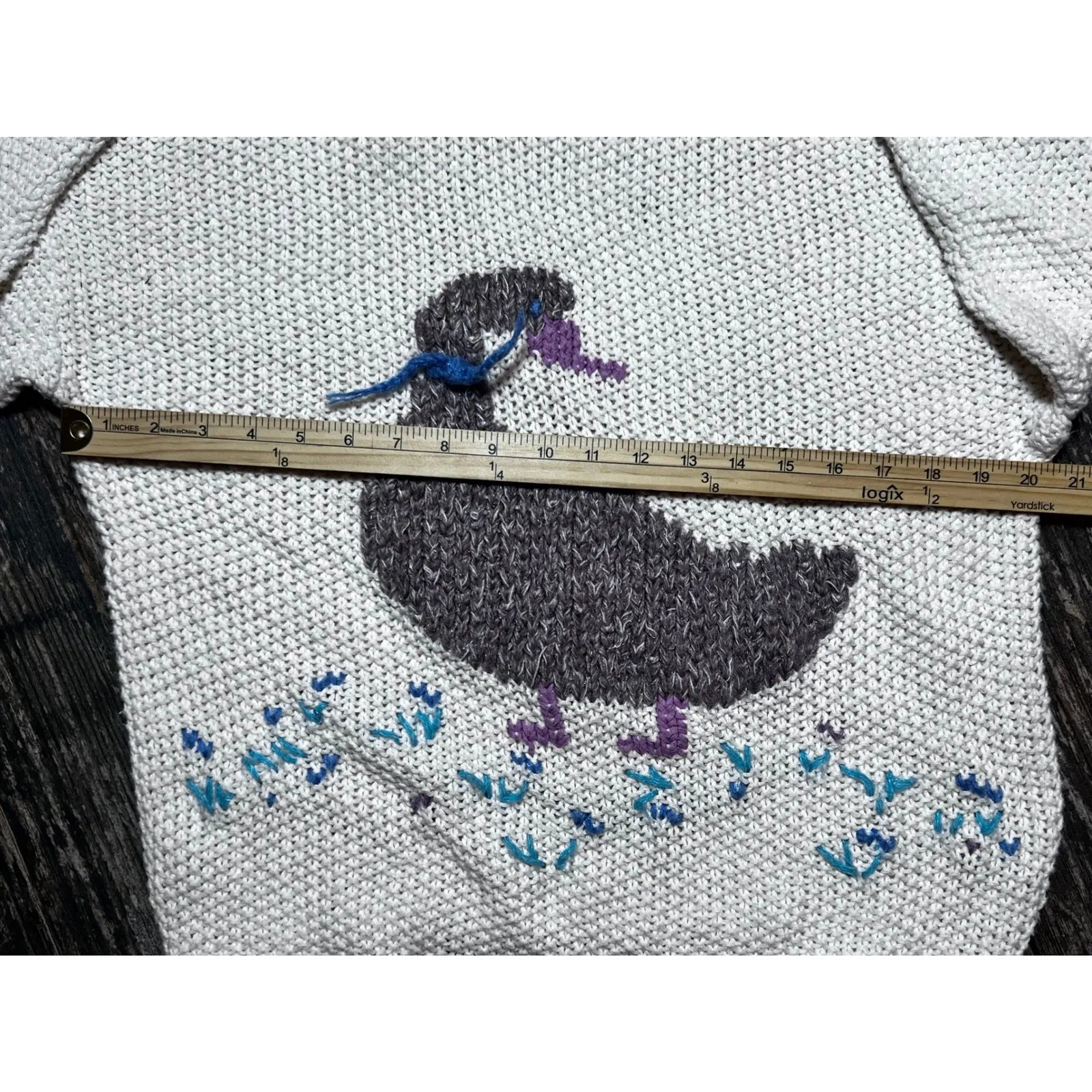 Jantzen Knit Sweater Duck Embroidered Light Blue Ramie Cotton Medium Cottagecore - Image 5