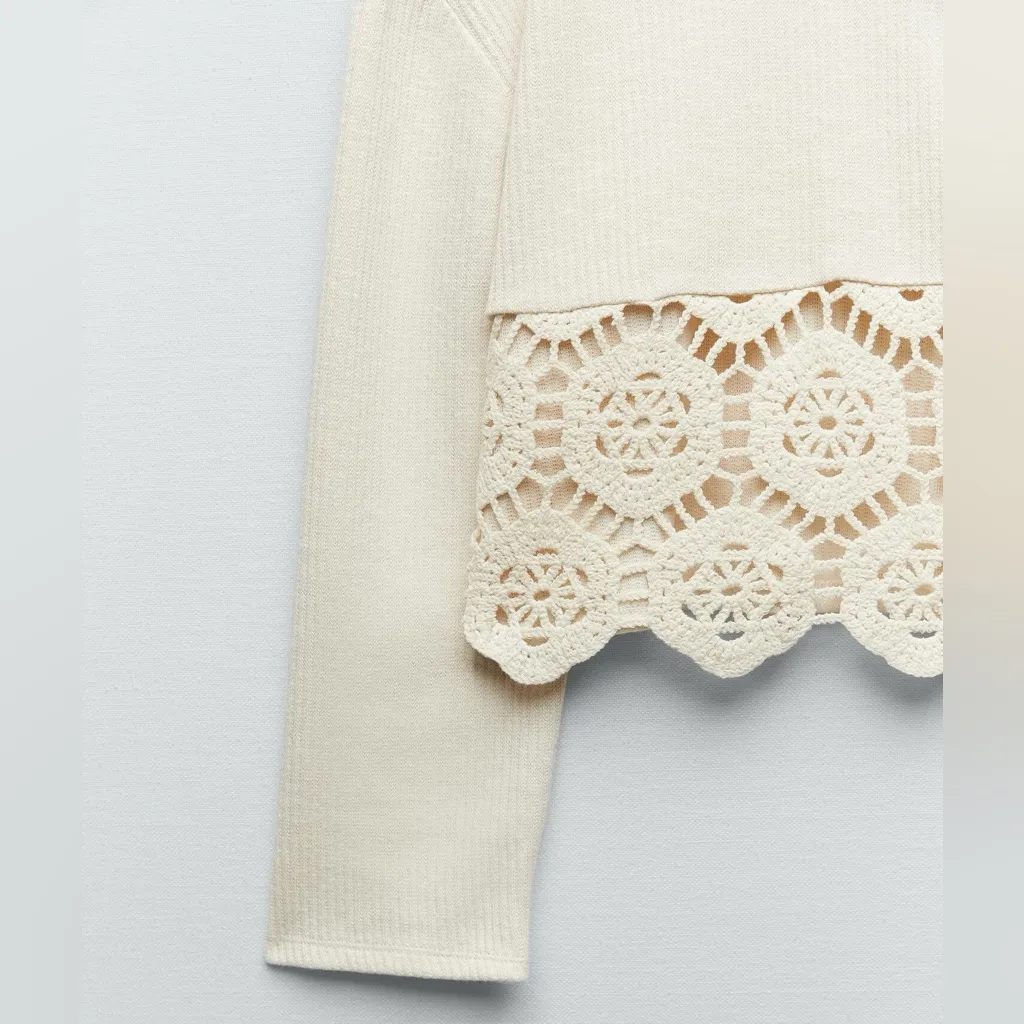 ZARA Beige Ecru Crocheted‎ Long Sleeve Sweater Sweatshirt Top Shirt Size Small - Image 5